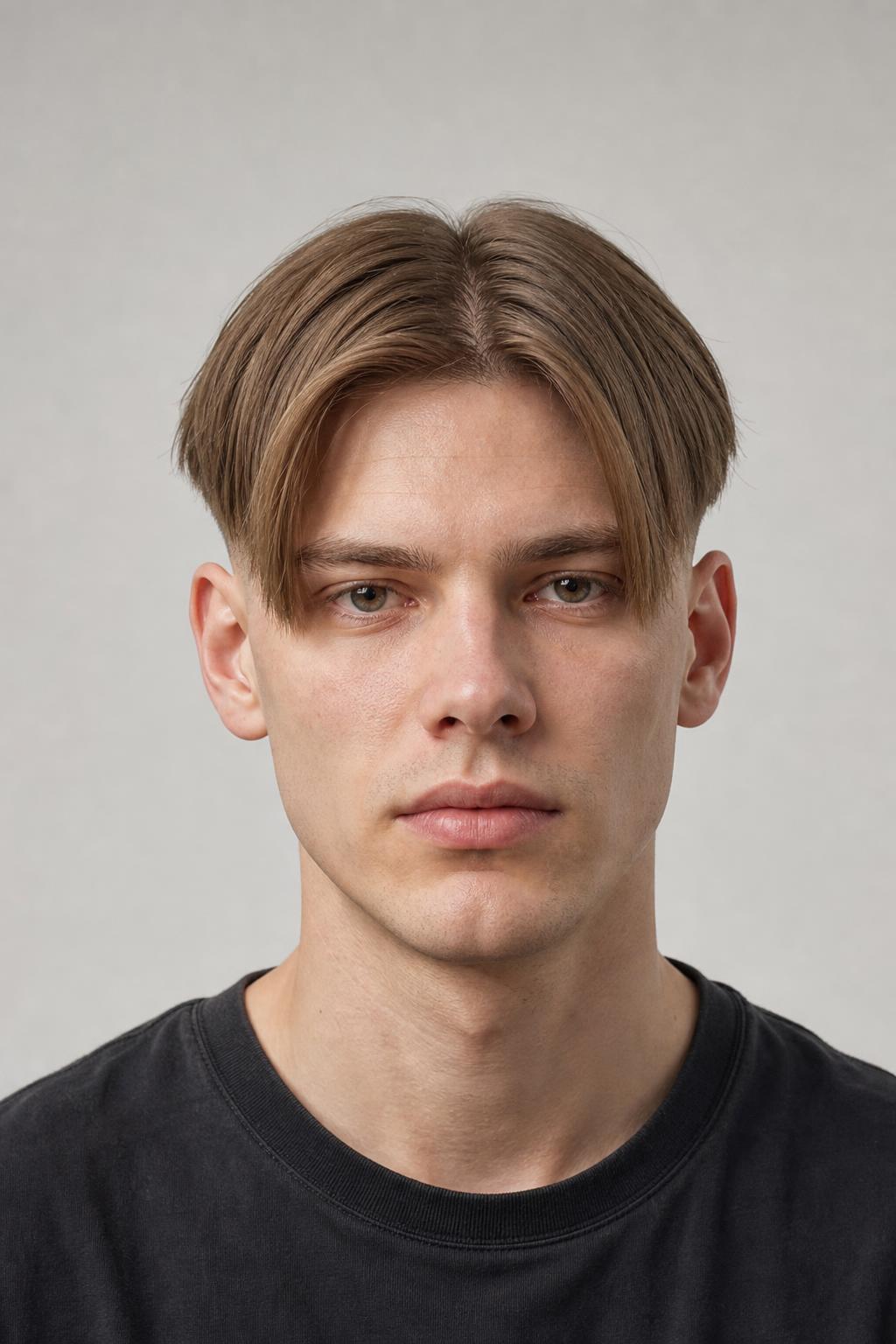 Skin Fade Sides with a Thick Blunt-Ended Center Part on Fine Light Brown Hair