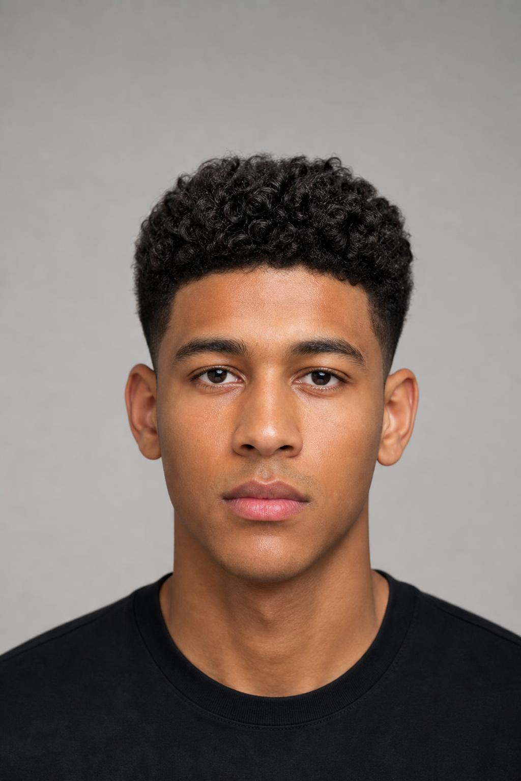 Dense 3b Curls Cut Tall and Narrow with Short Tapered Sides on Black Hair