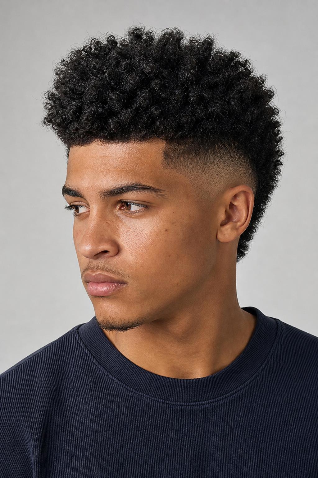 Burst Fade Curving Around the Ear Beneath Dense Coils on Dark Hair
