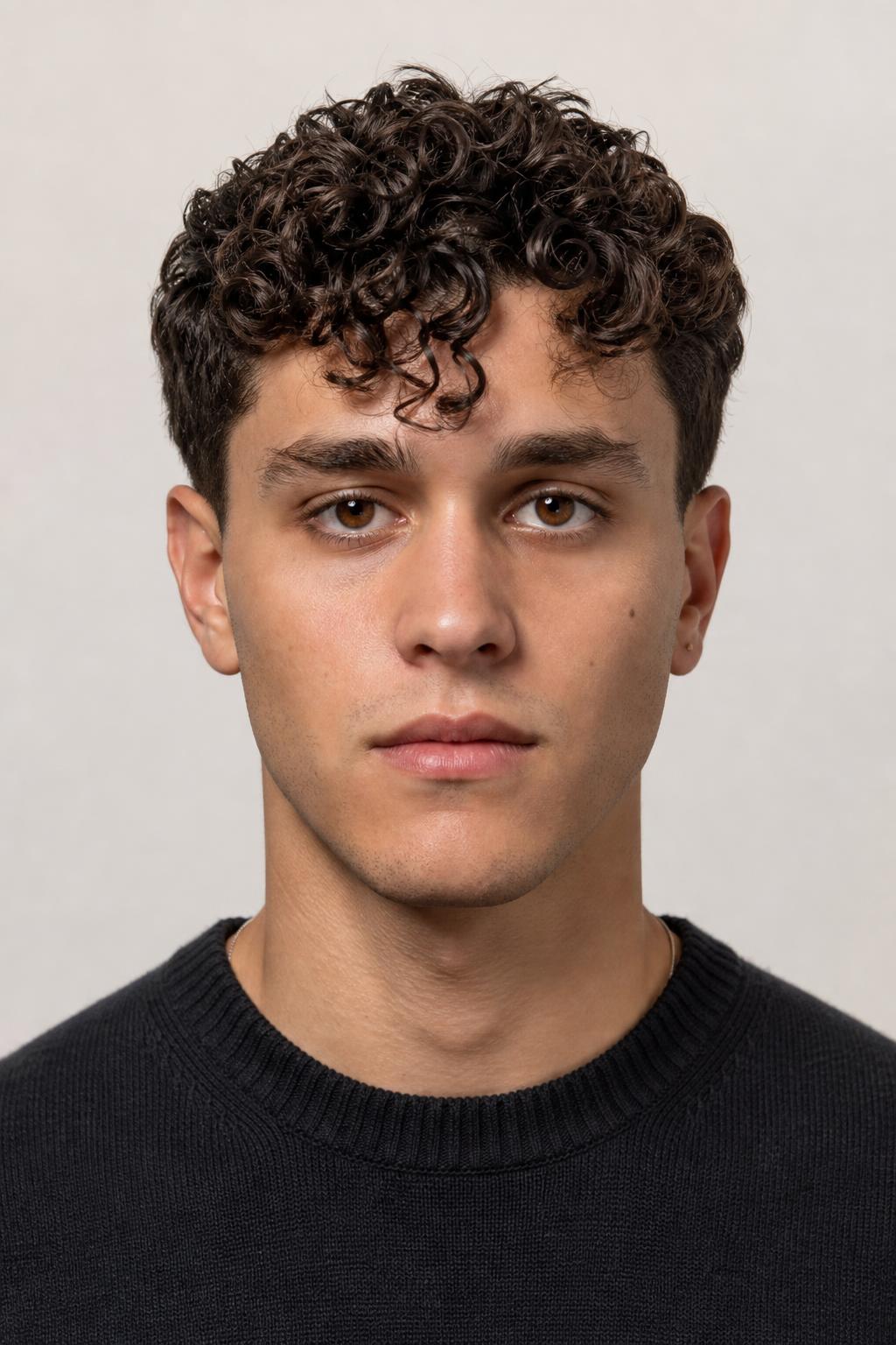 Defined Curly Fringe Falling onto the Forehead over a Shorter Curly Top