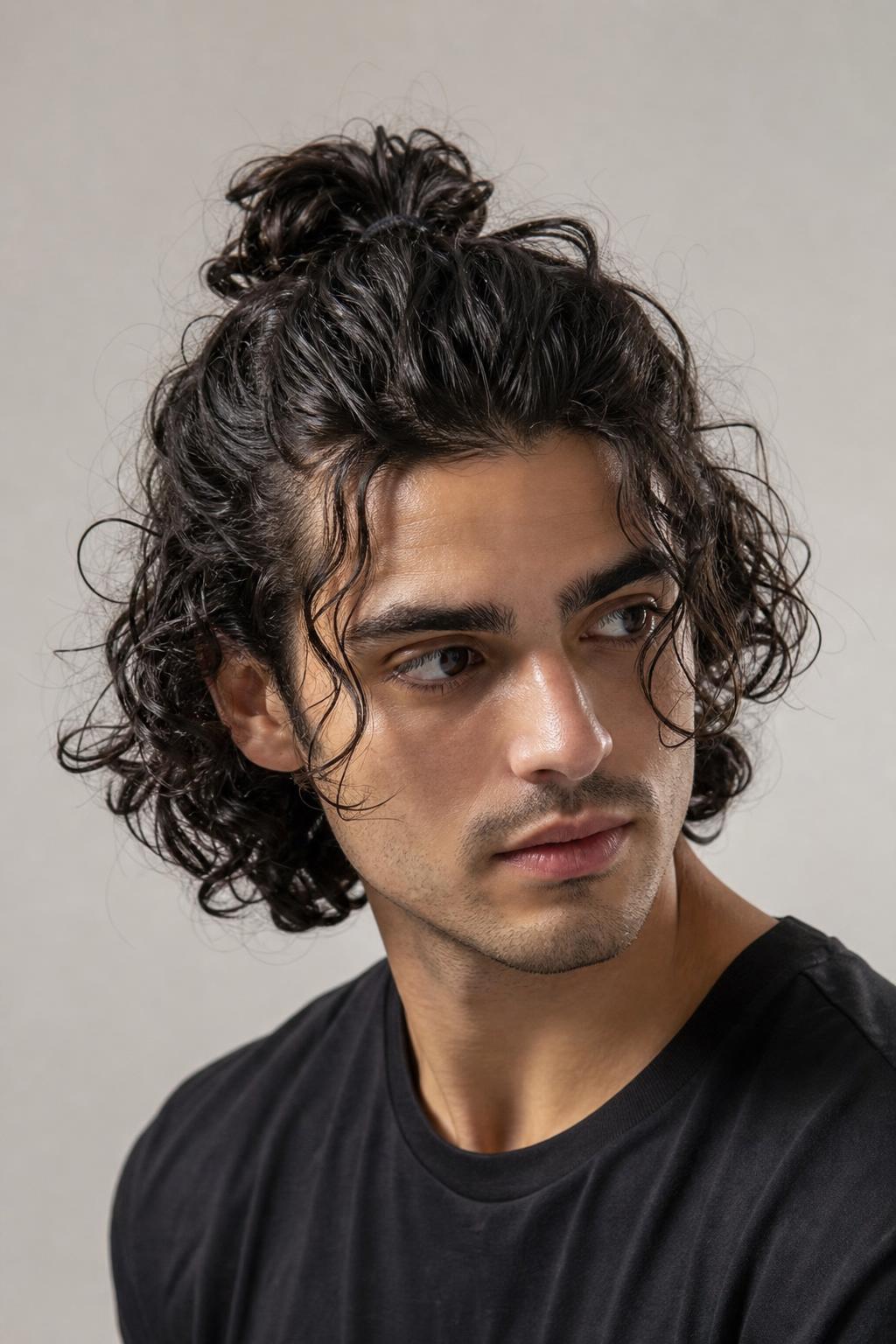 Long Curls Gathered Half Up with Volume at the Crown on Dark Hair