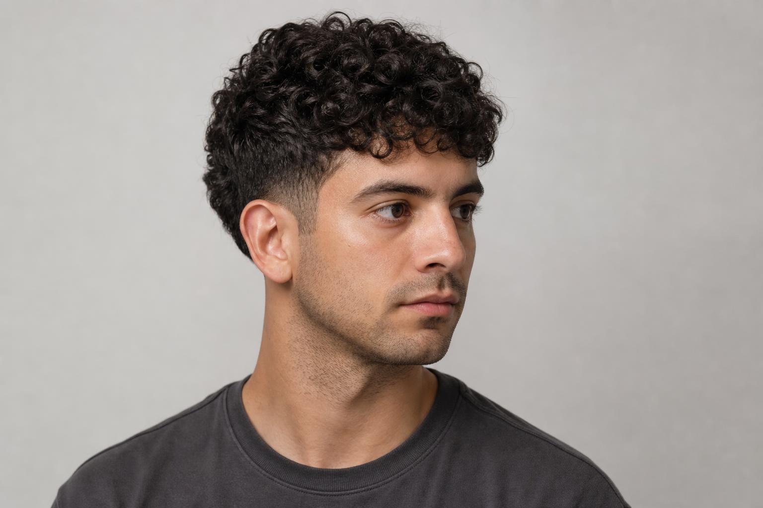 Natural Curls Cut into a Rounded Crop over a Low Taper on Dark Brown Hair