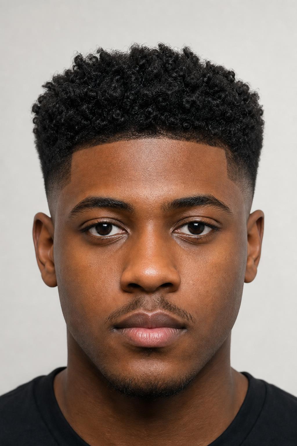 Low Fade with a Tall Square-Edged Coily Top on a Round Face