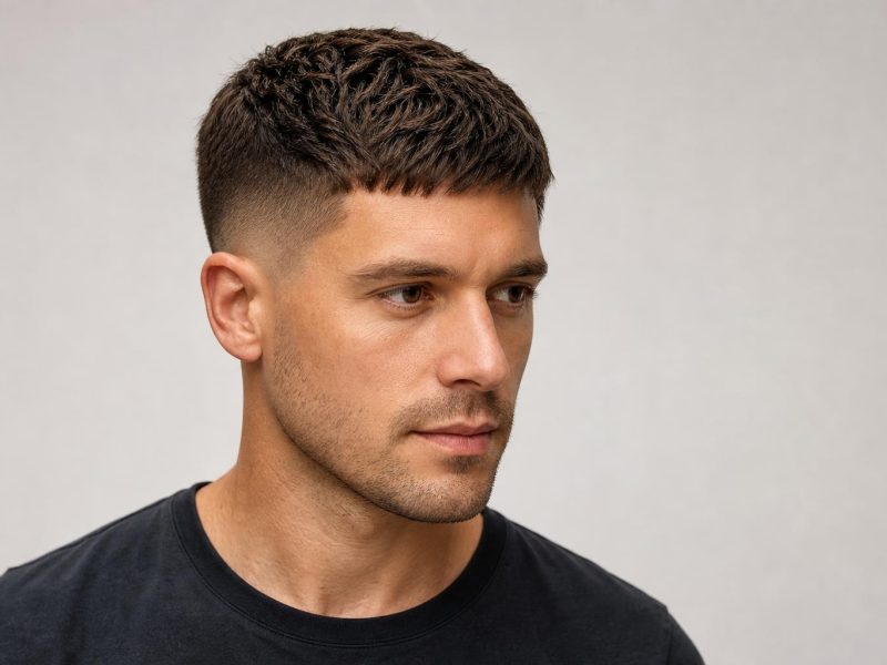 Men's Short Textured Crop with a Mid Fade Cut to Reduce Contrast at a Thinning Crown