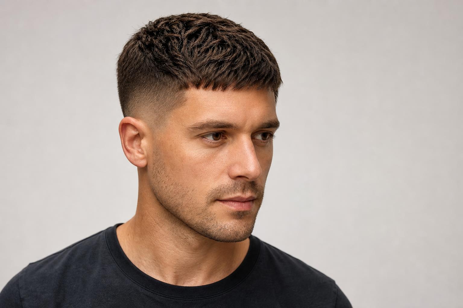 Men's Short Textured Crop with a Mid Fade Cut to Reduce Contrast at a Thinning Crown