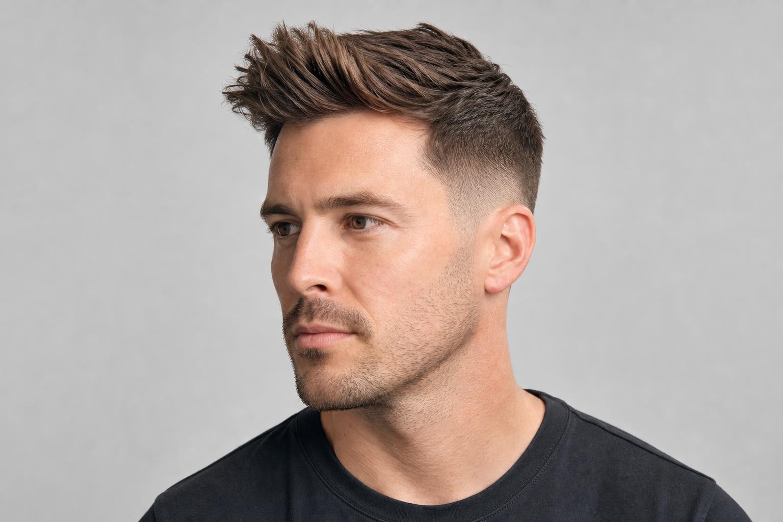 Men's Textured Quiff with a Low Fade Cut to Balance an Angular Jawline