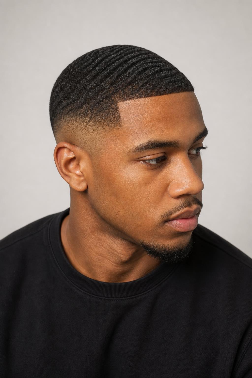 Mid Fade with a Brushed 360 Wave Pattern Across a Short Top