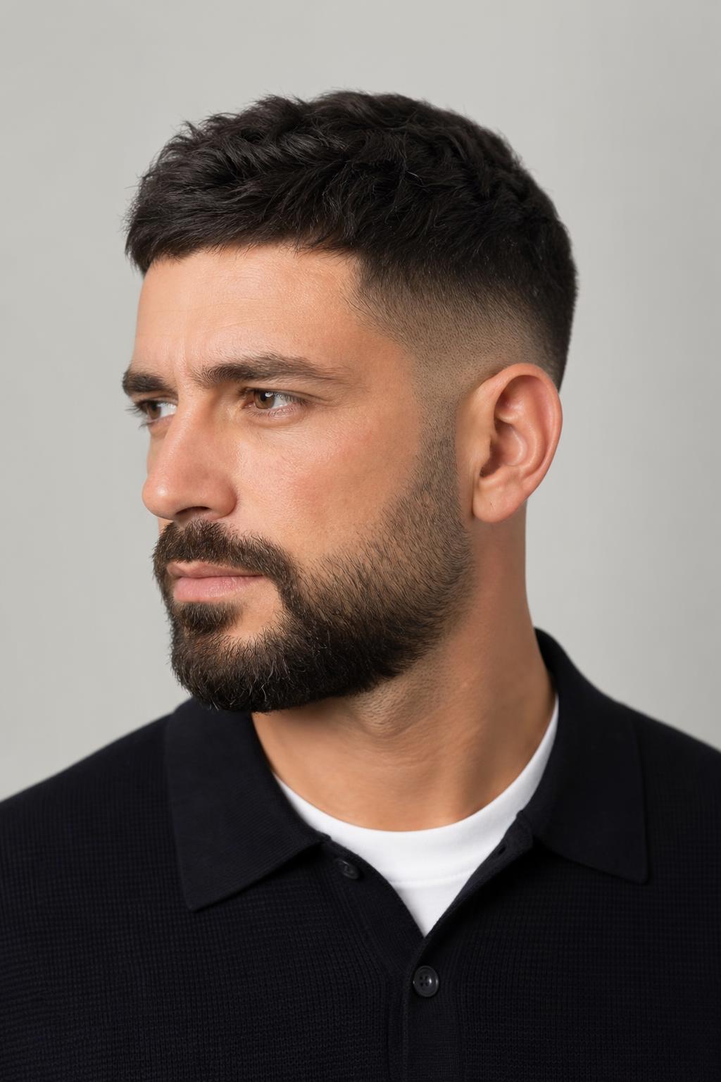 Mid Fade Blended Seamlessly into a Trimmed Full Beard at the Jaw
