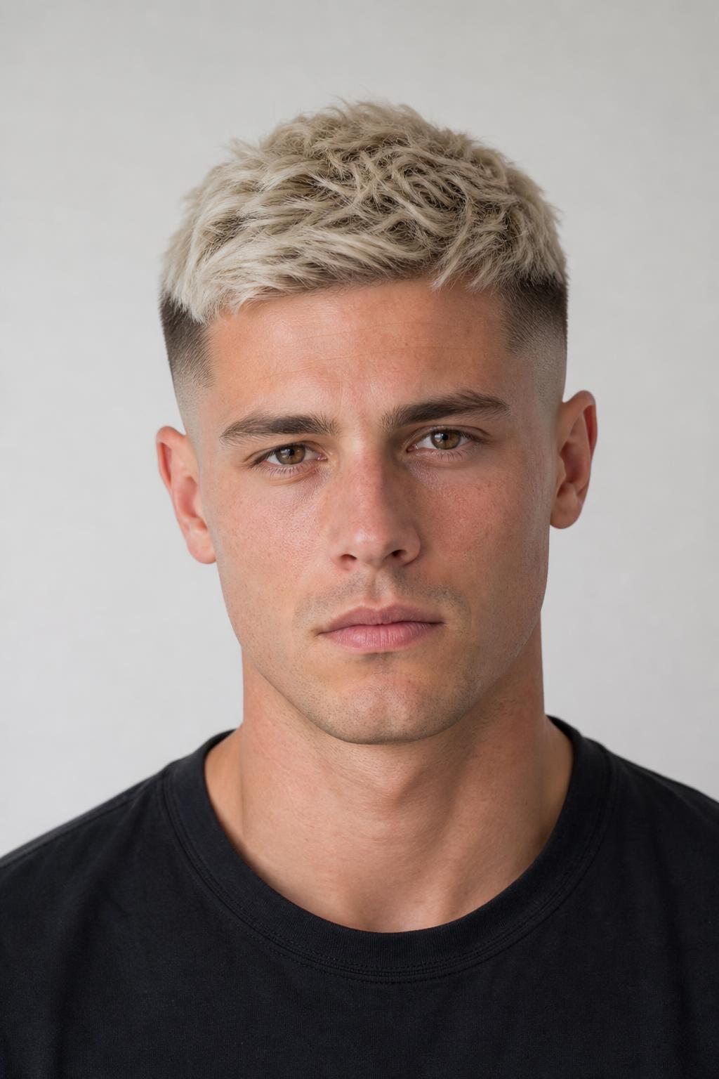 Mid Fade with a Platinum Bleached Top Against Natural Dark Faded Sides