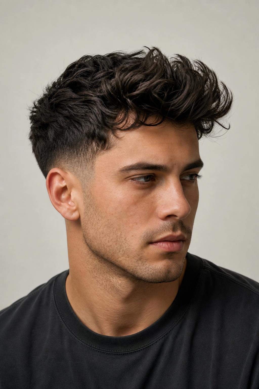 Mid Fade with a Blown-Out Top Lifted Up and Forward at the Crown
