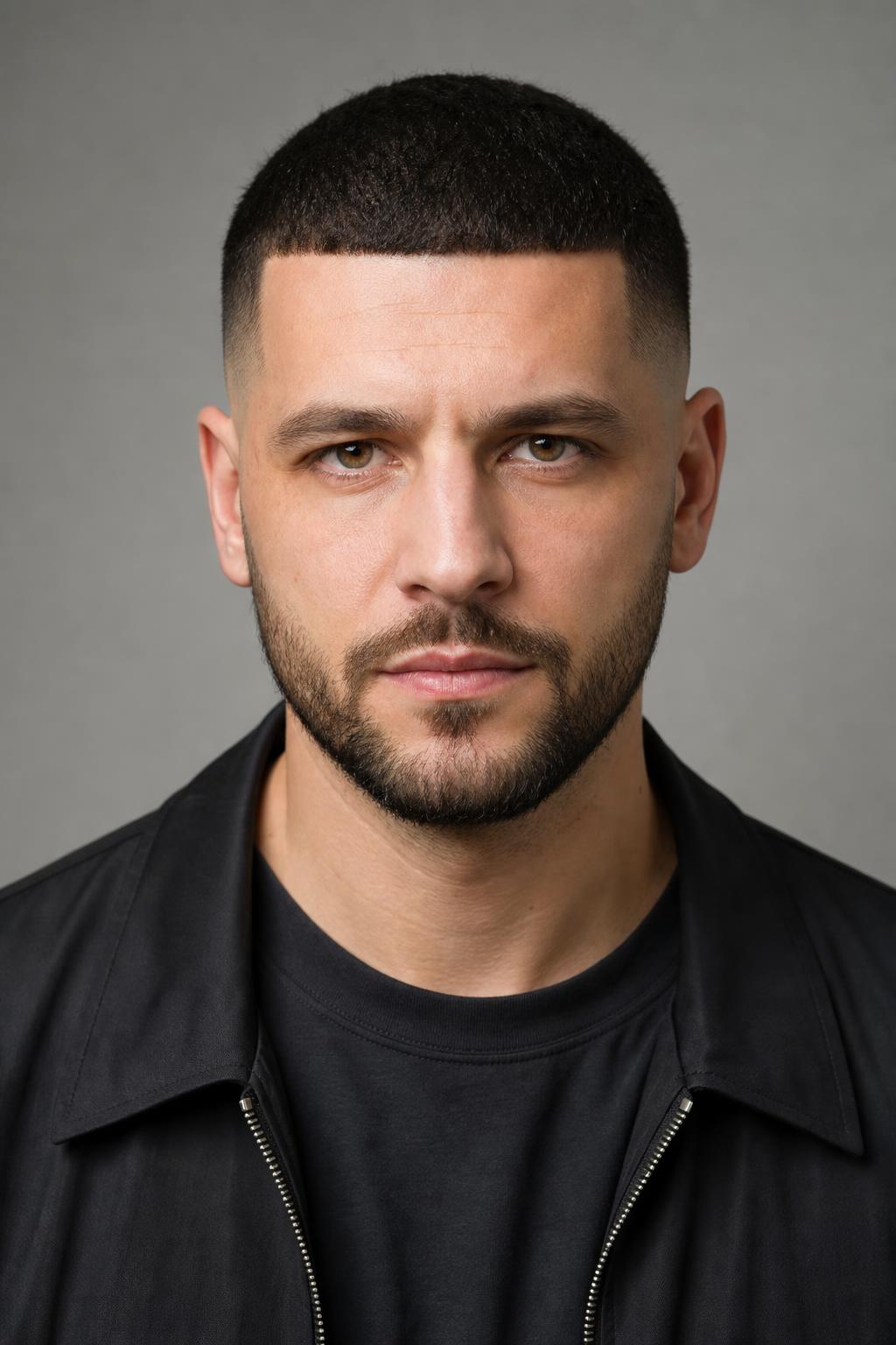 Mid Fade Burr Cut with a Sharp Squared Line-Up at the Forehead