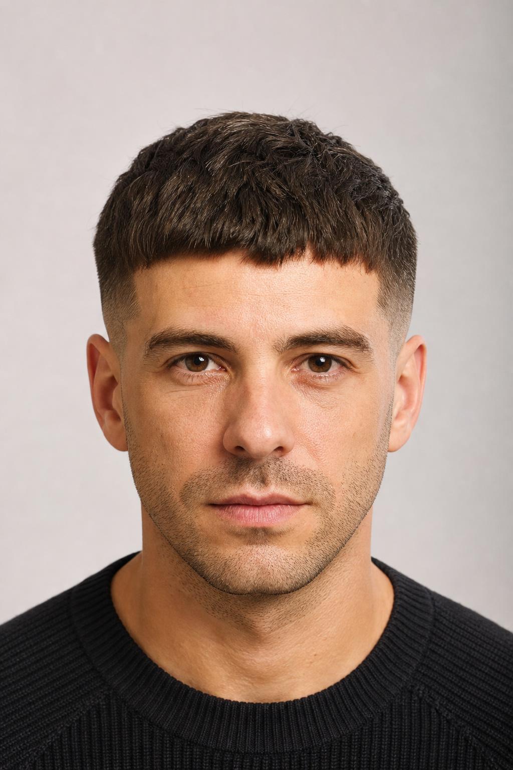 Mid Fade Caesar Cut with a Straight Forward-Combed Fringe on Brown Hair