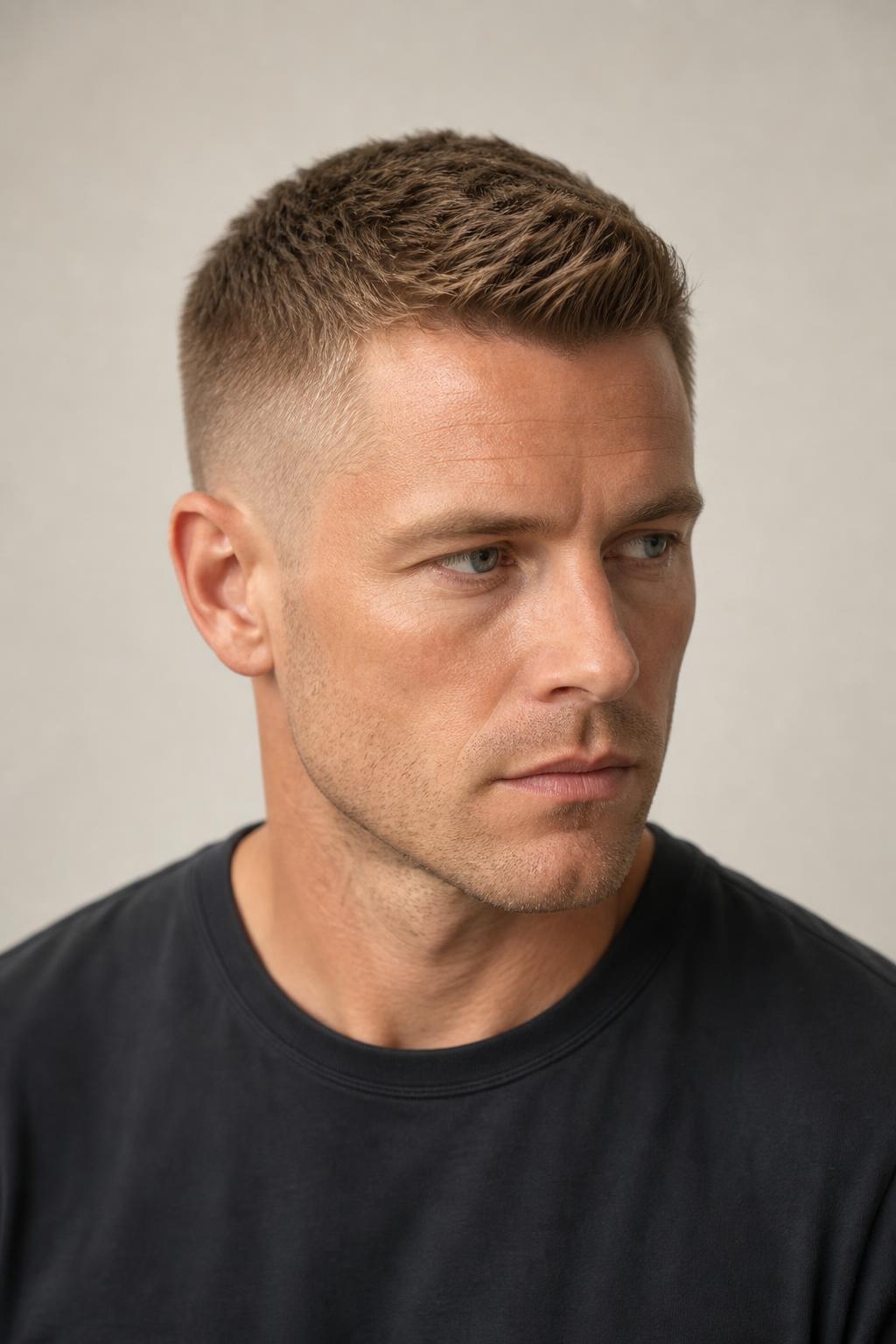 Mid Fade Crew Cut with a Graduated Top Rising Toward the Front Hairline