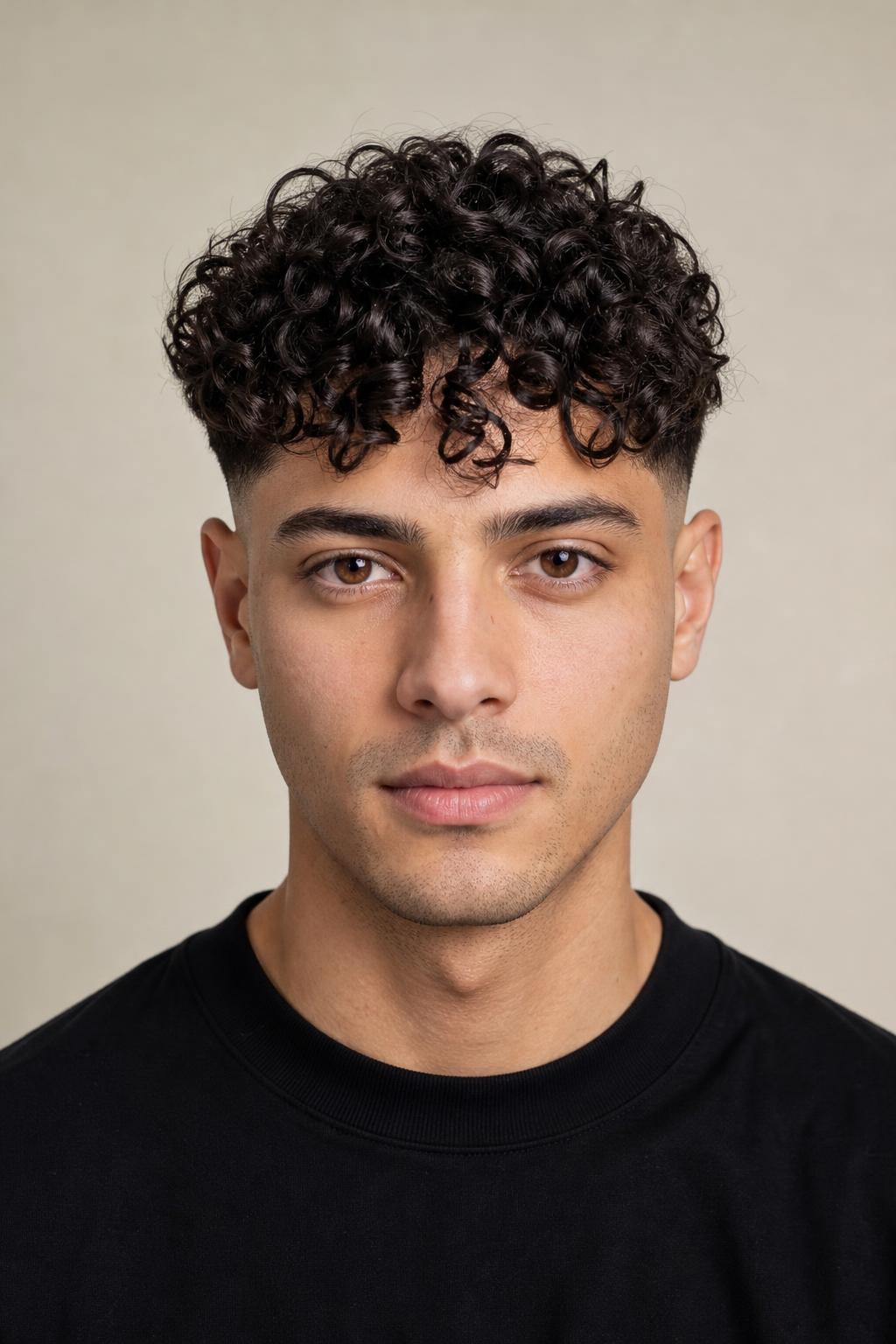 Mid Fade with a Curly Fringe Falling Forward in Irregular Defined Pieces