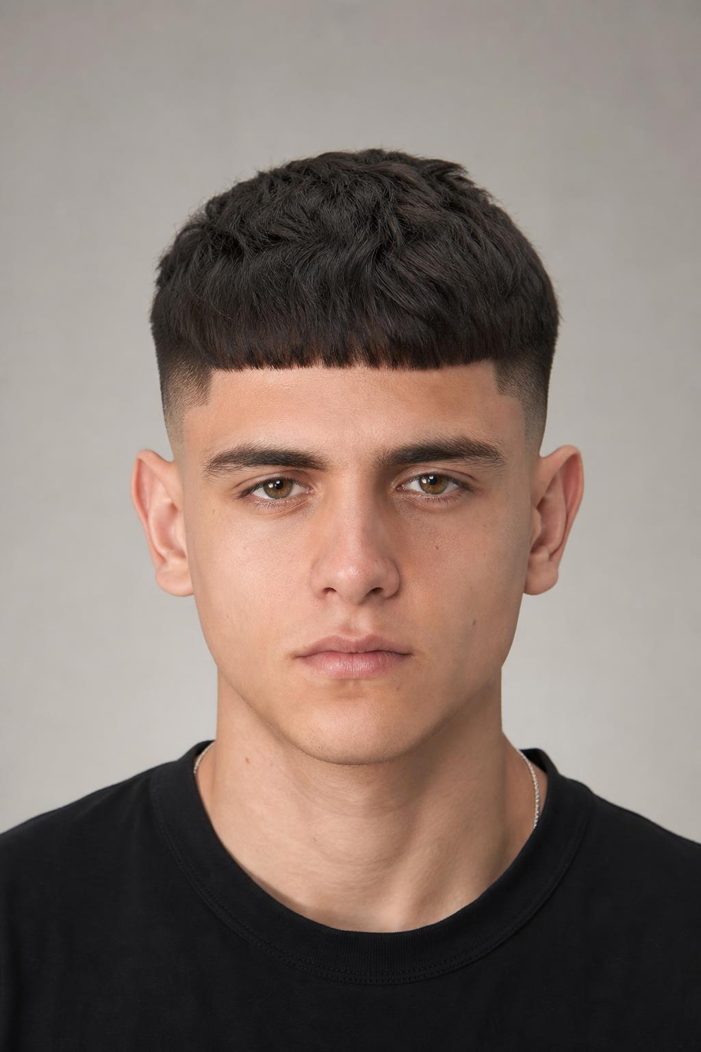 Mid Fade Edgar Cut with a Straight-Across Blunt Fringe at the Hairline