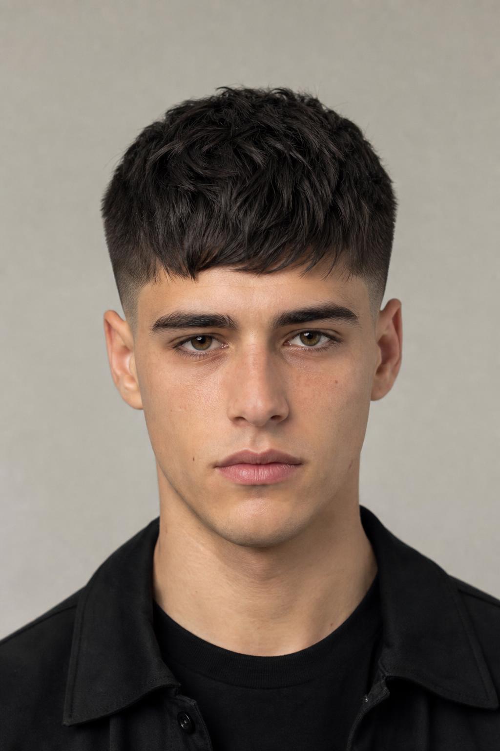 Mid Fade with a Short Blunt French Crop Fringe on Thick Dark Hair