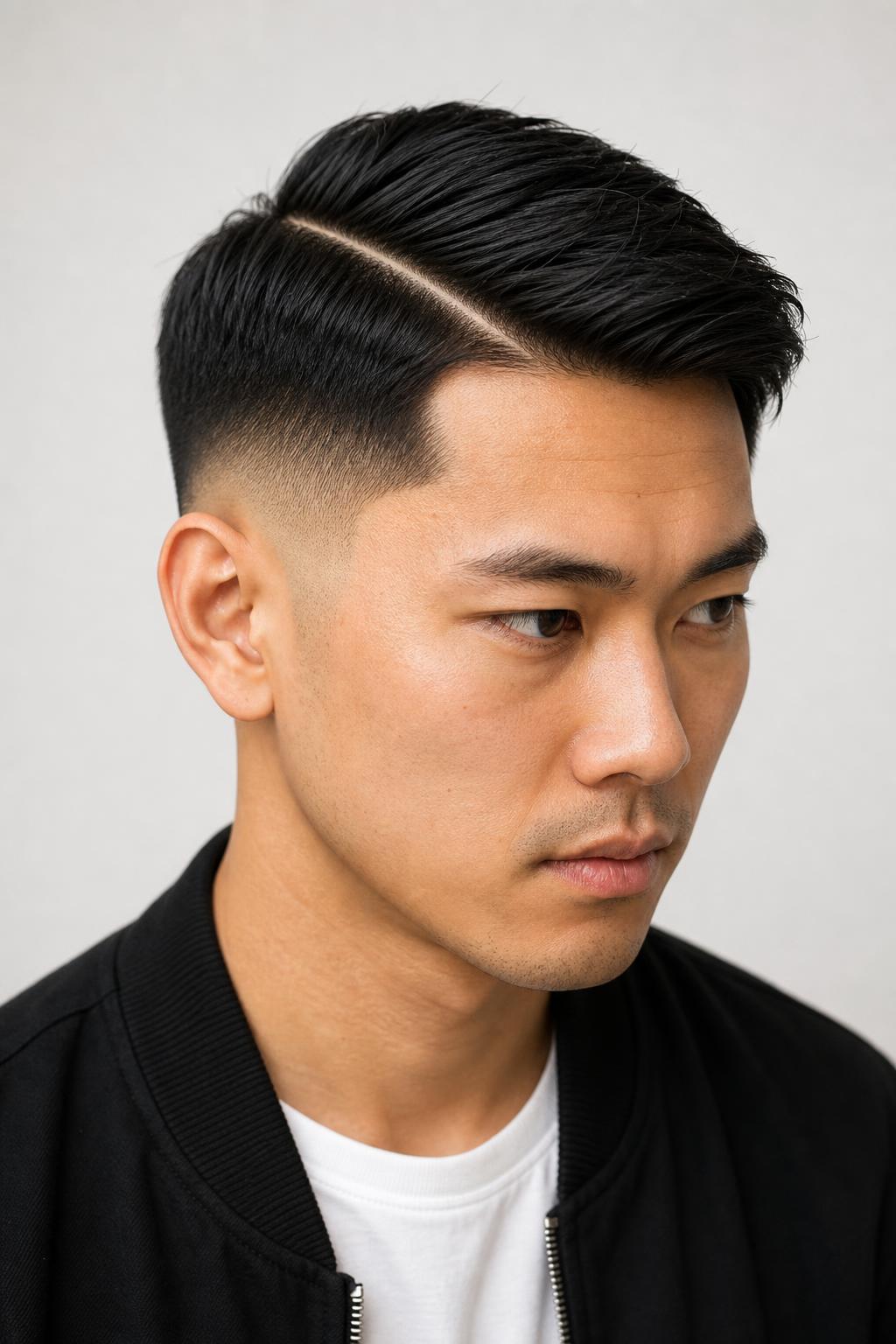 Mid Fade with a Shaved Hard Part Line Running Back from the Hairline