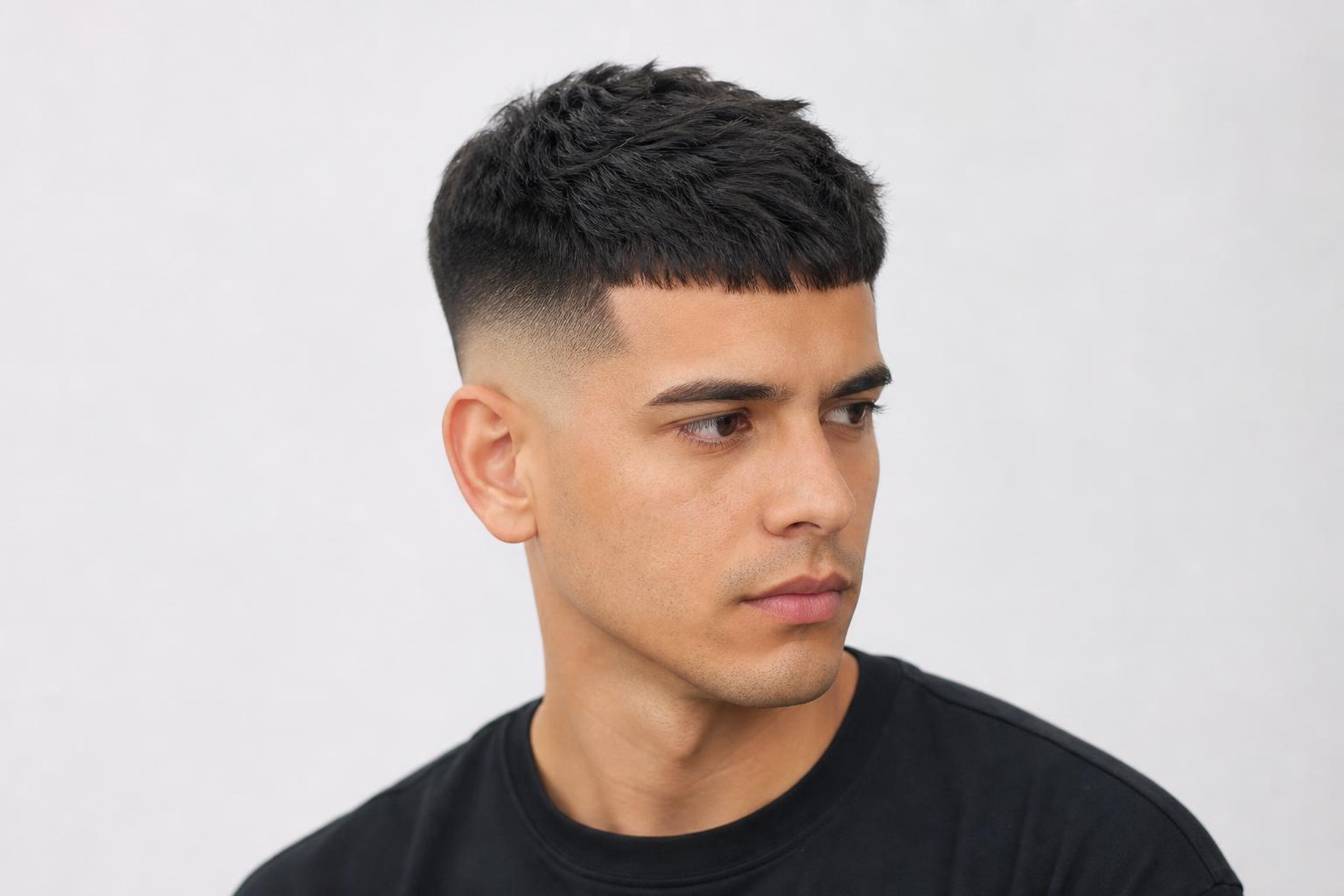 Mid Skin Fade with a Textured Crop Top on Dark Straight Hair