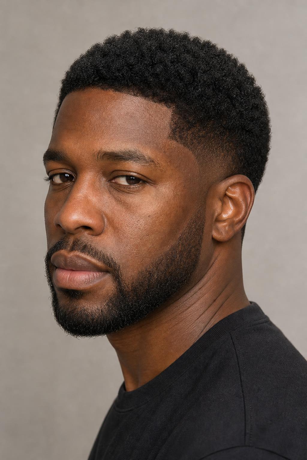 Mid Drop Fade Curving Behind the Ear on Dense 4C Coily Hair