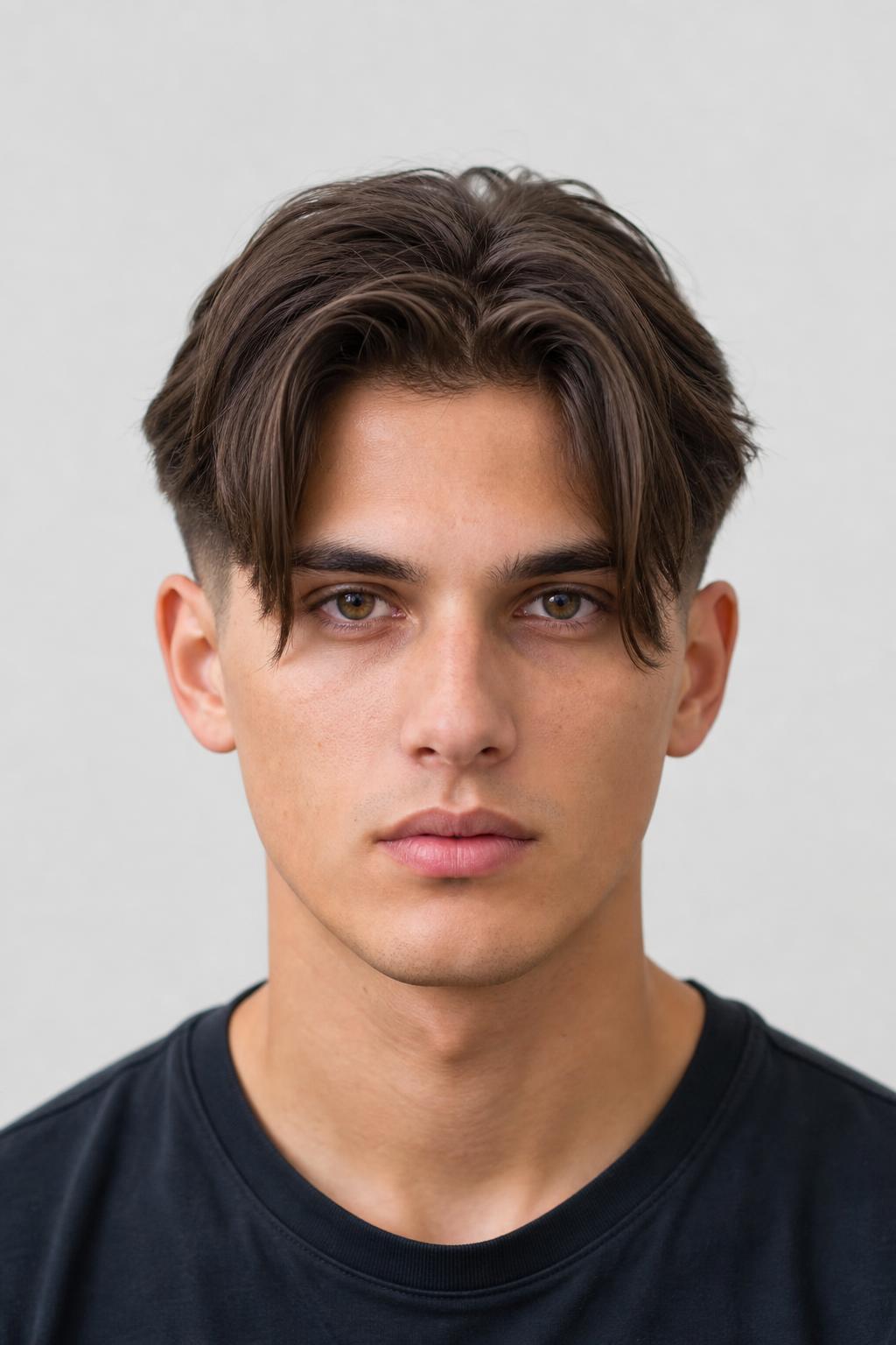Mid Fade with Middle-Part Curtains Falling to the Cheekbone on Brown Hair