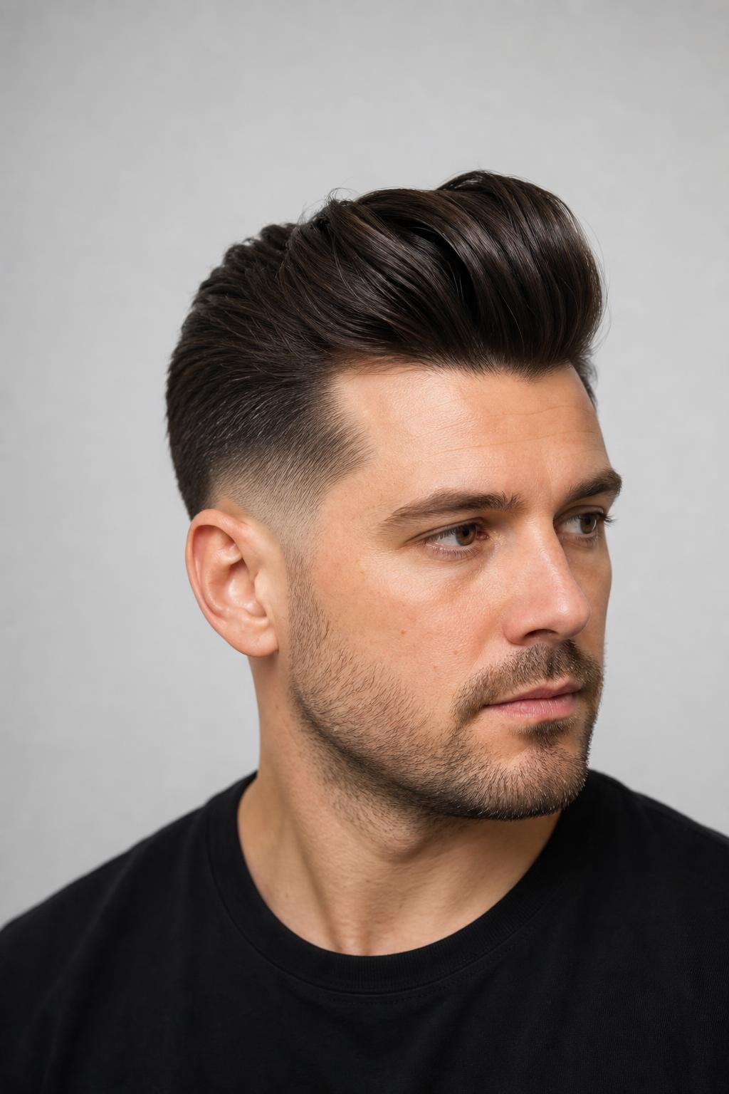 Mid Fade Pompadour with High Volume Swept Back from the Forehead