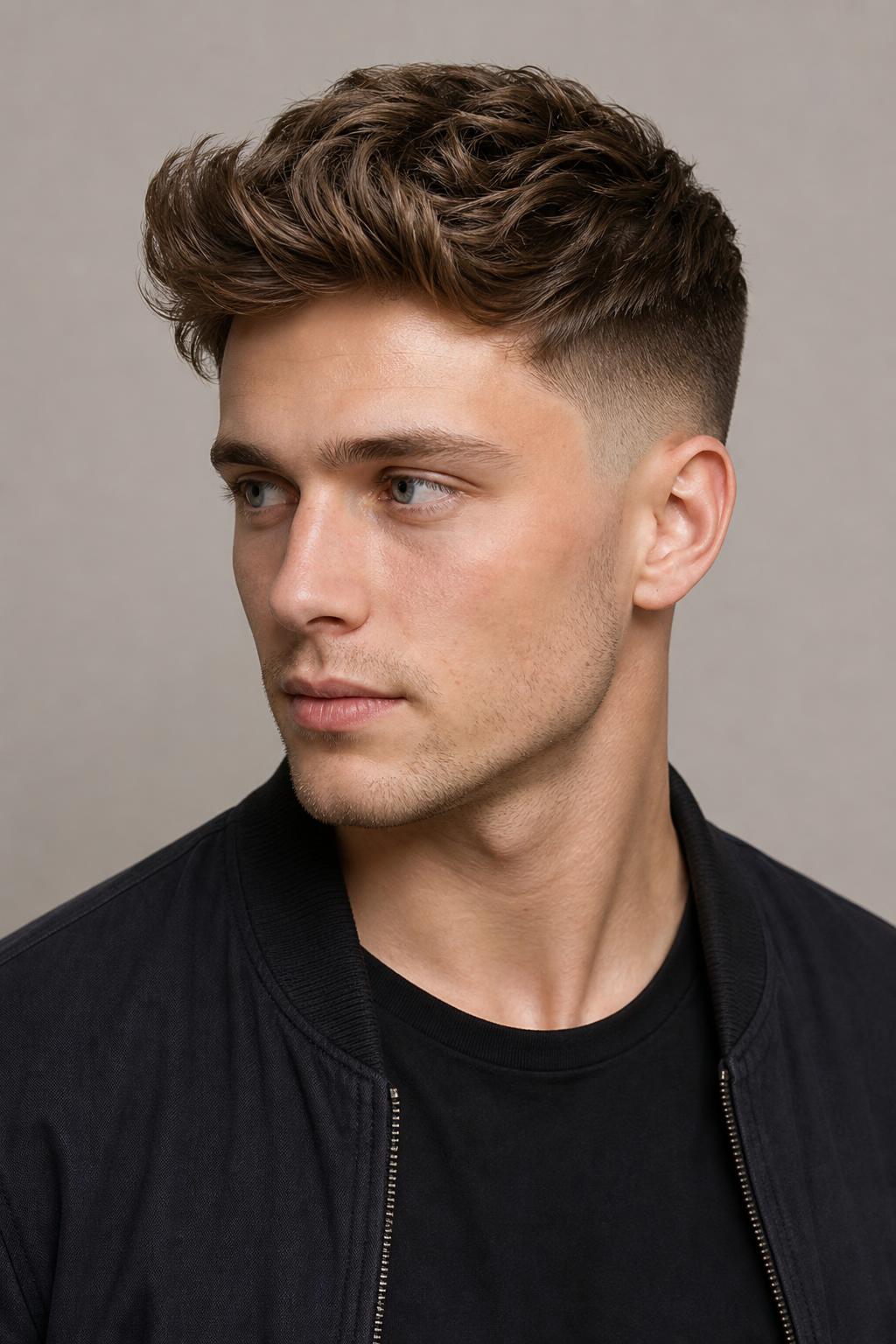 Mid Fade Quiff with Lift Concentrated at the Front Hairline on Wavy Hair