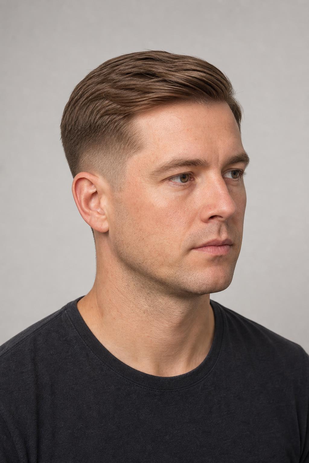 Mid Fade with a Combed Side Part and Matte Finish on Light Brown Hair