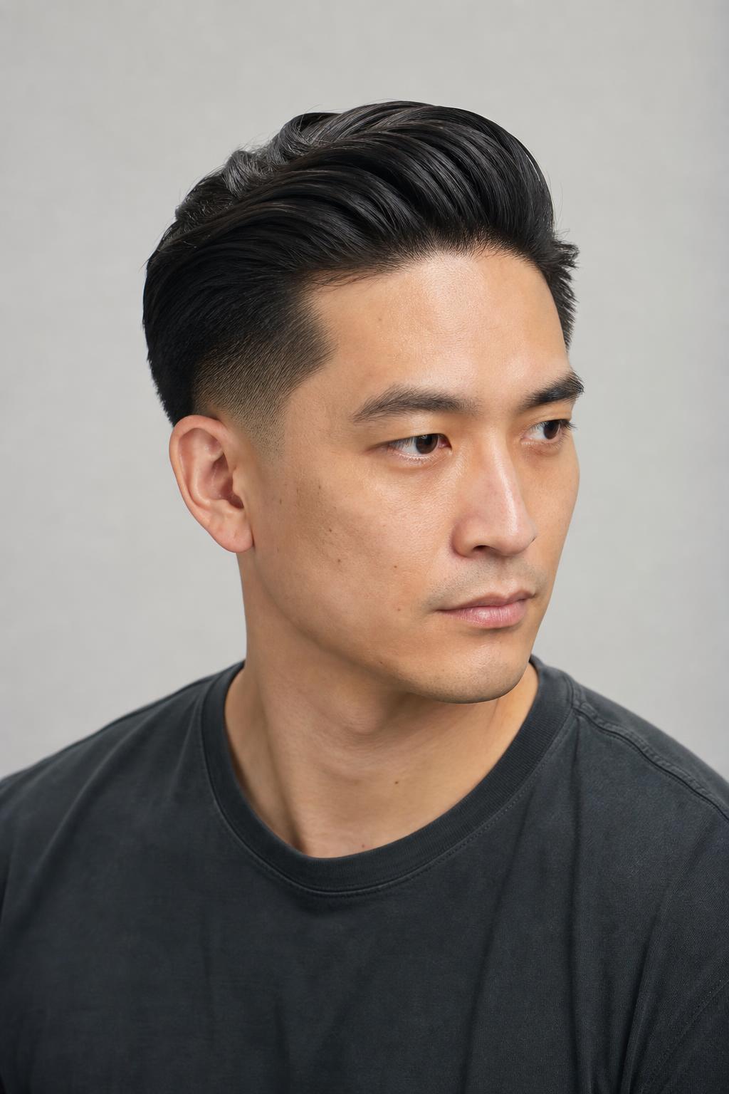 Mid Fade Slick Back with a Glossy Combed Finish on Dark Straight Hair