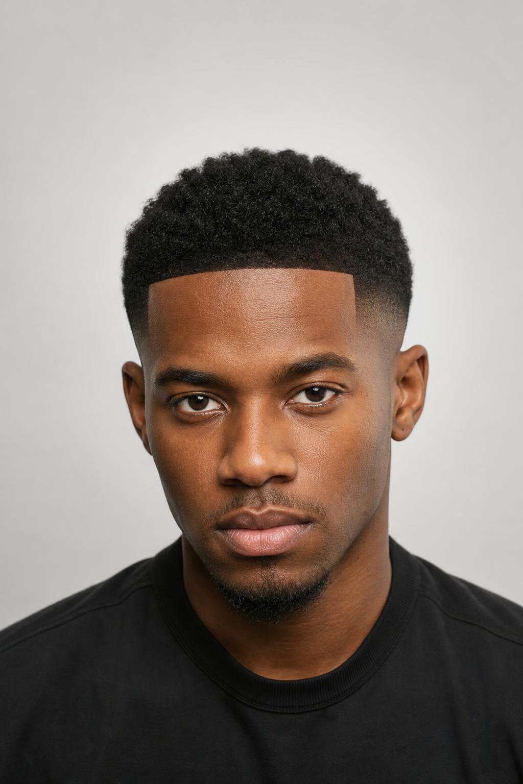 Mid Fade with a Squared Line-Up Following the Natural Front Hairline