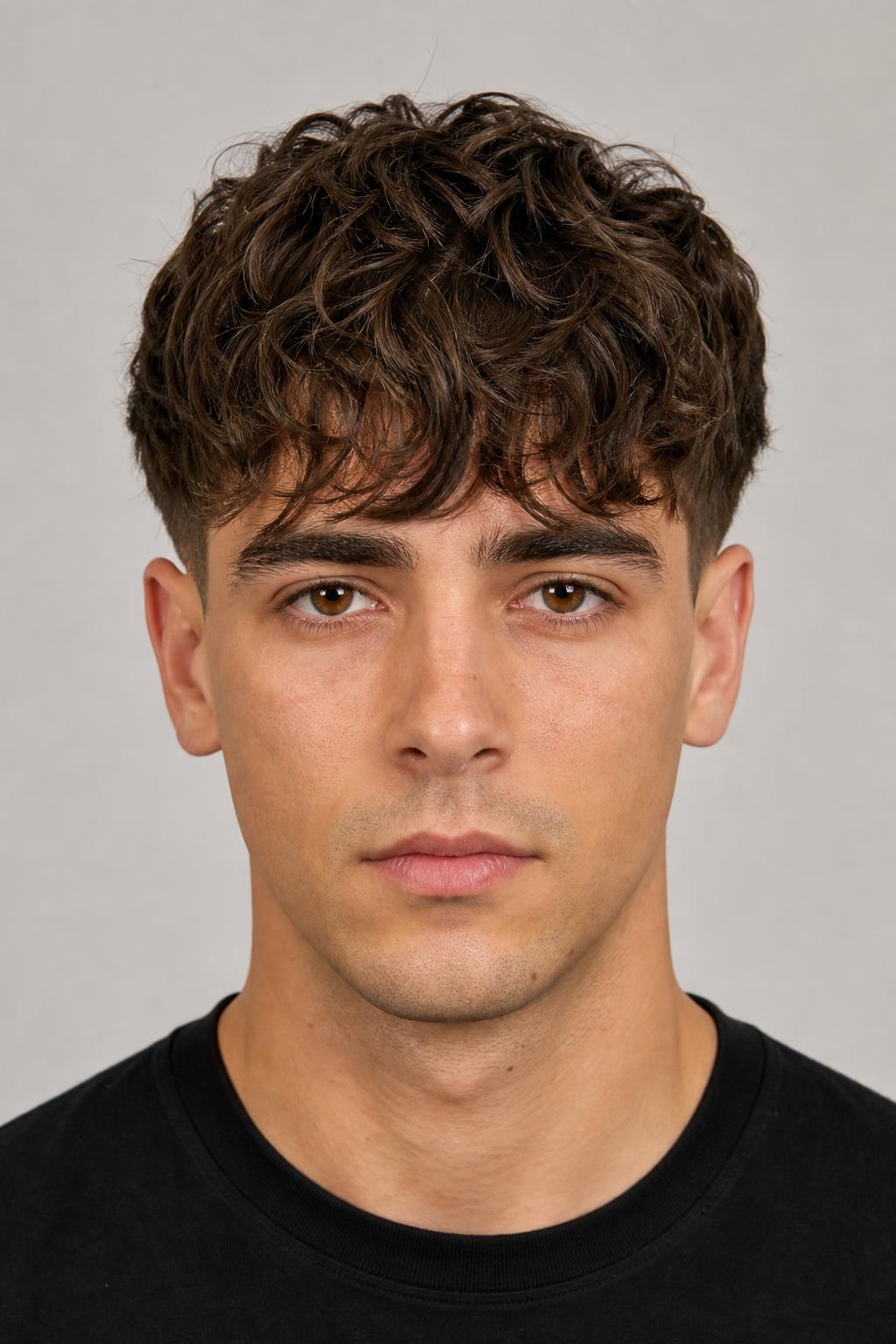 Mid Fade with an Eyebrow-Grazing Textured Fringe on Wavy Brown Hair