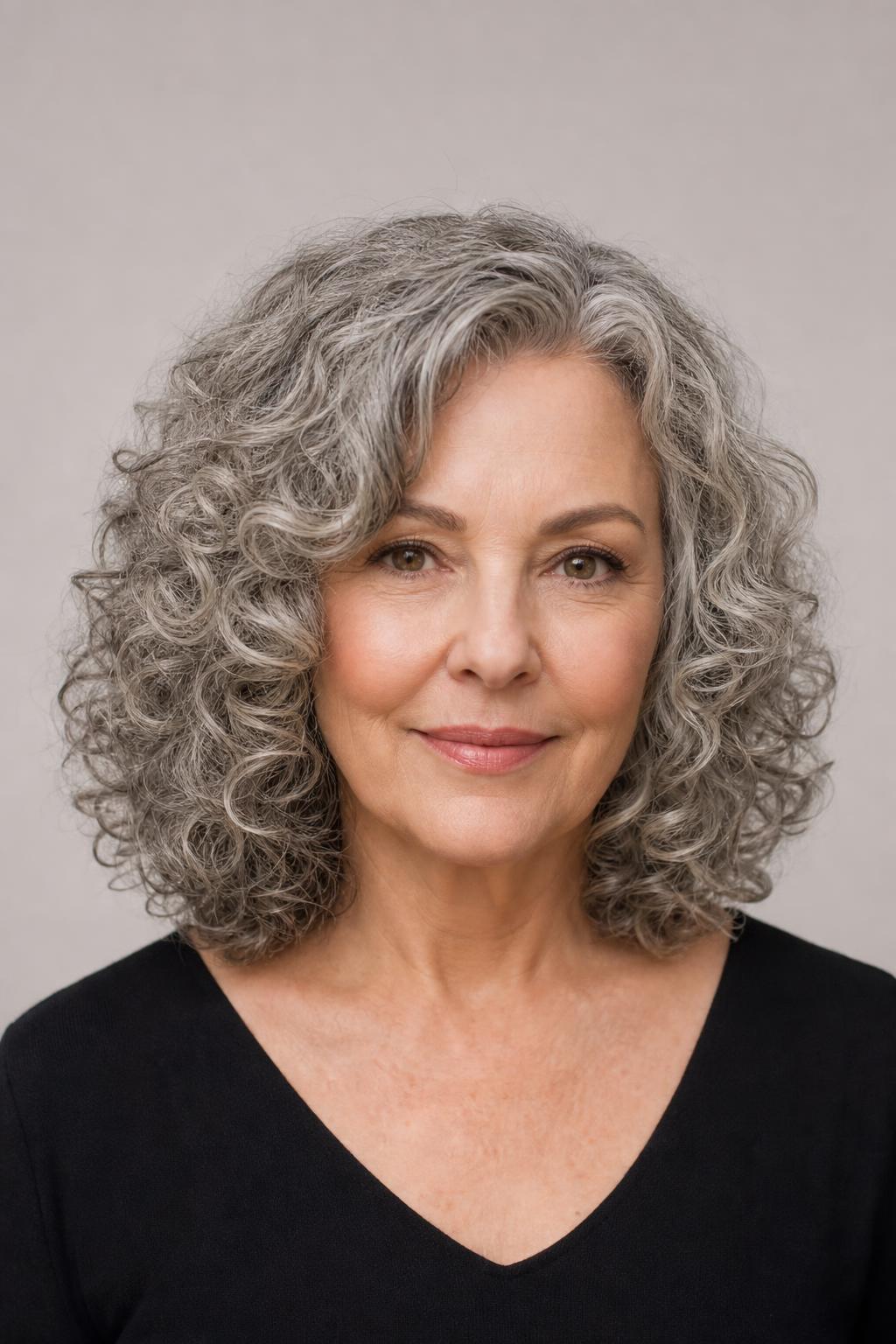 Mid-Length Curls with Fullness Concentrated below the Jaw on a Heart-Shaped Face
