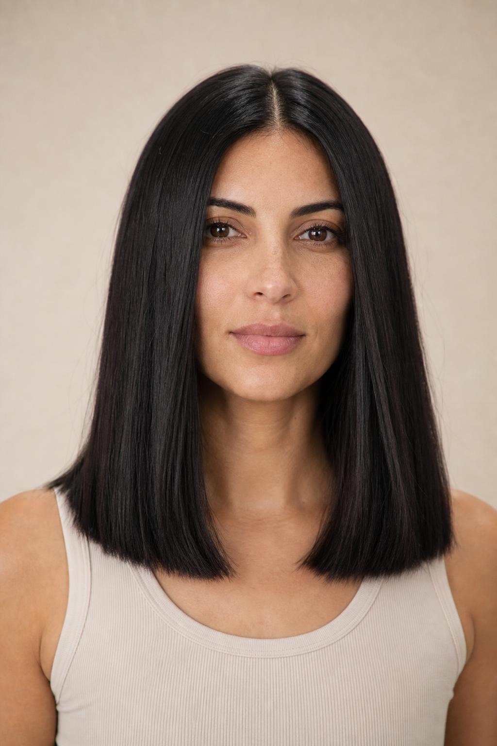 Midi Cut Ending Below the Collarbone with Blunt Dense Ends on Thick Straight Black Hair