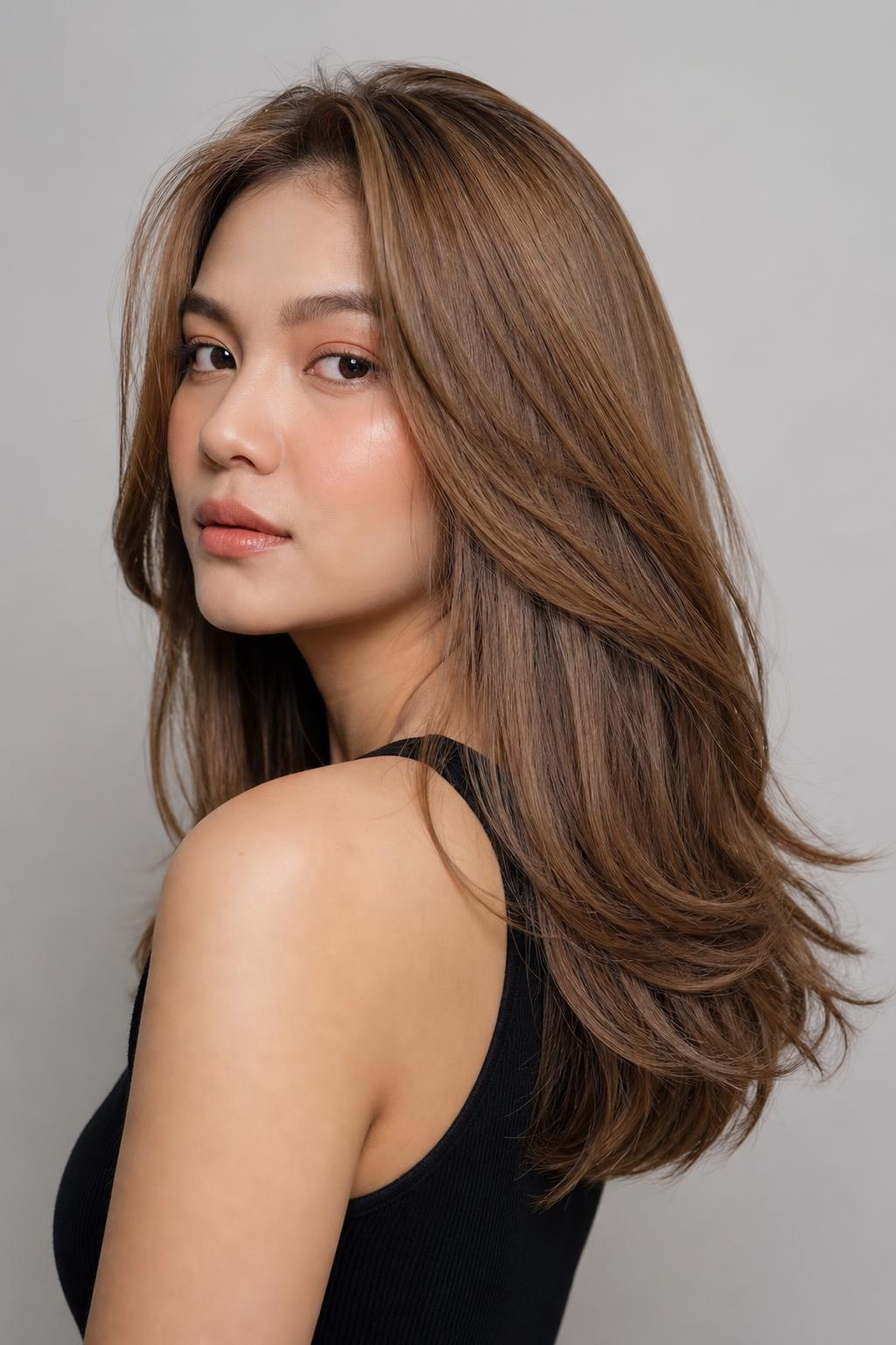 Milk Tea Brown on Long Layered Hair With Visible Movement