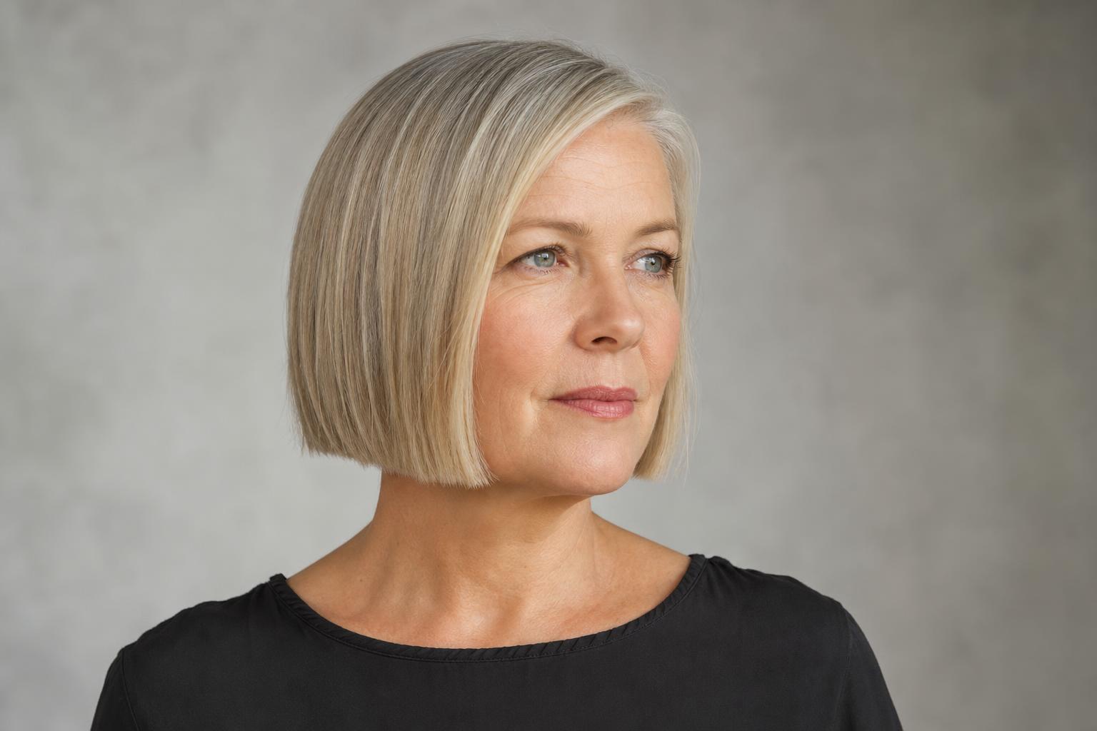 Jaw-Length Blunt Bob with a Clean Perimeter and Flat Crown on Ash Blonde Hair