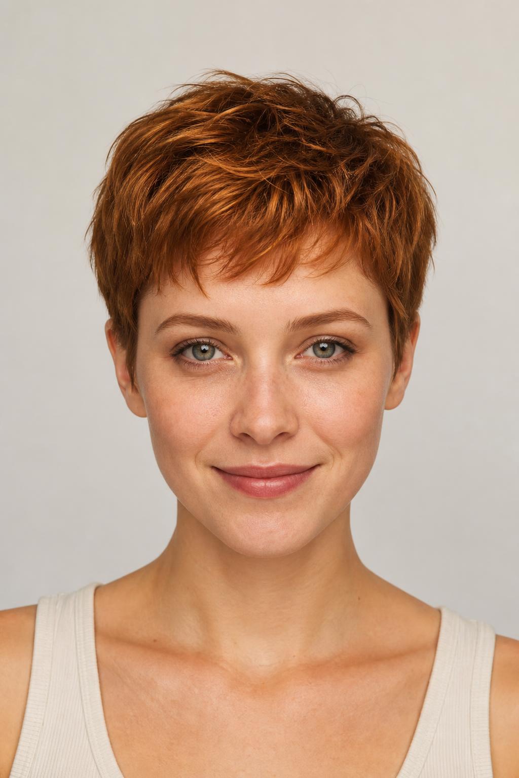 Warm Copper Tones Catching Light Across a Fine Pixie