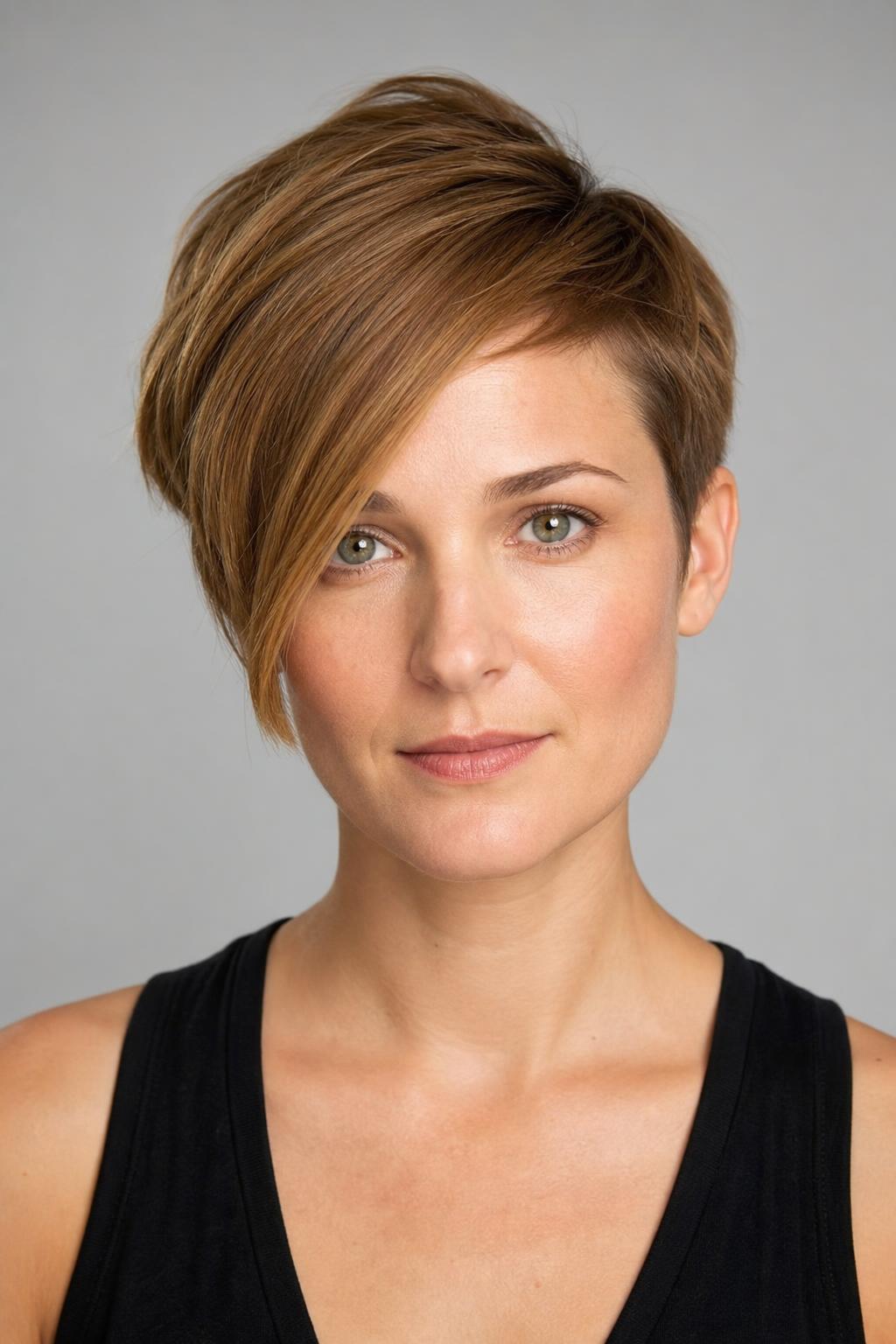 One Long Curved Fringe Falling Past the Cheekbone