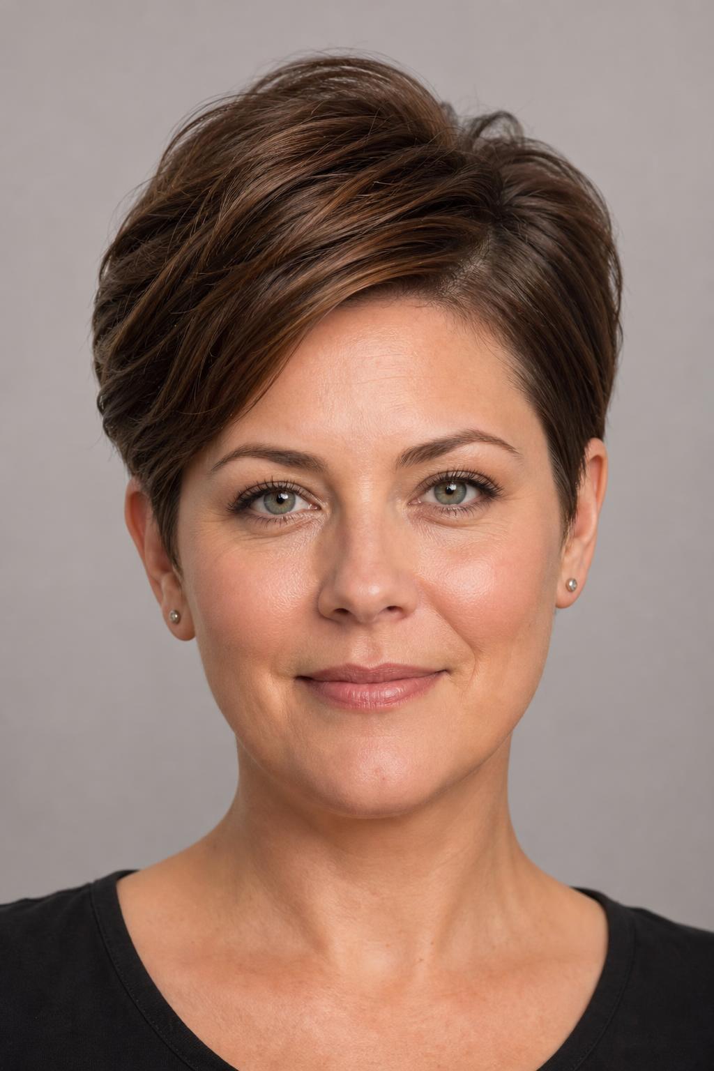 Pixie With Crown Volume and Flat Tapered Sides on a Round Face