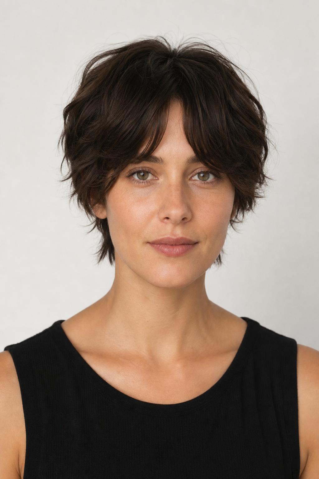 Shaggy Pixie With Curtain Bangs Splitting at the Center of the Forehead
