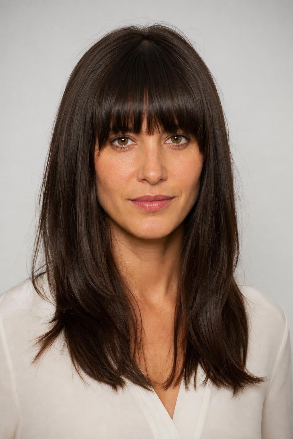 Heavy Brow-Length Birkin Fringe with Long Layers on Thick Dark Brown Hair