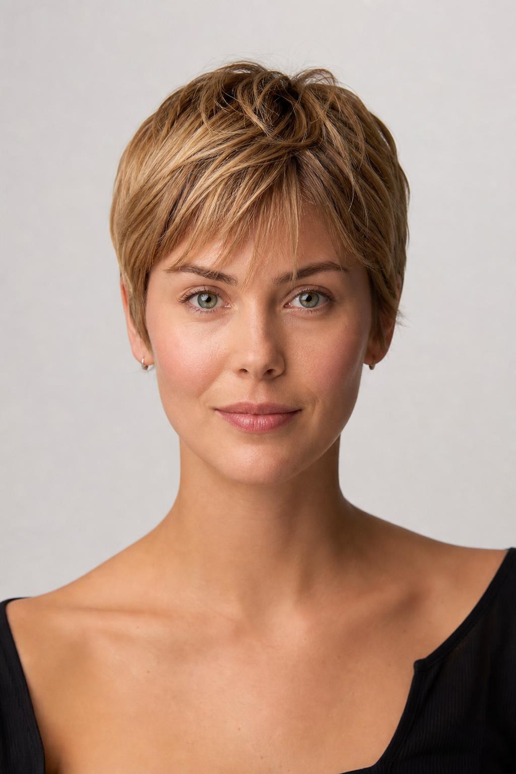 Bixie Cut with Cropped Back and Ear-Covering Sides on Fine Dark Blonde Hair