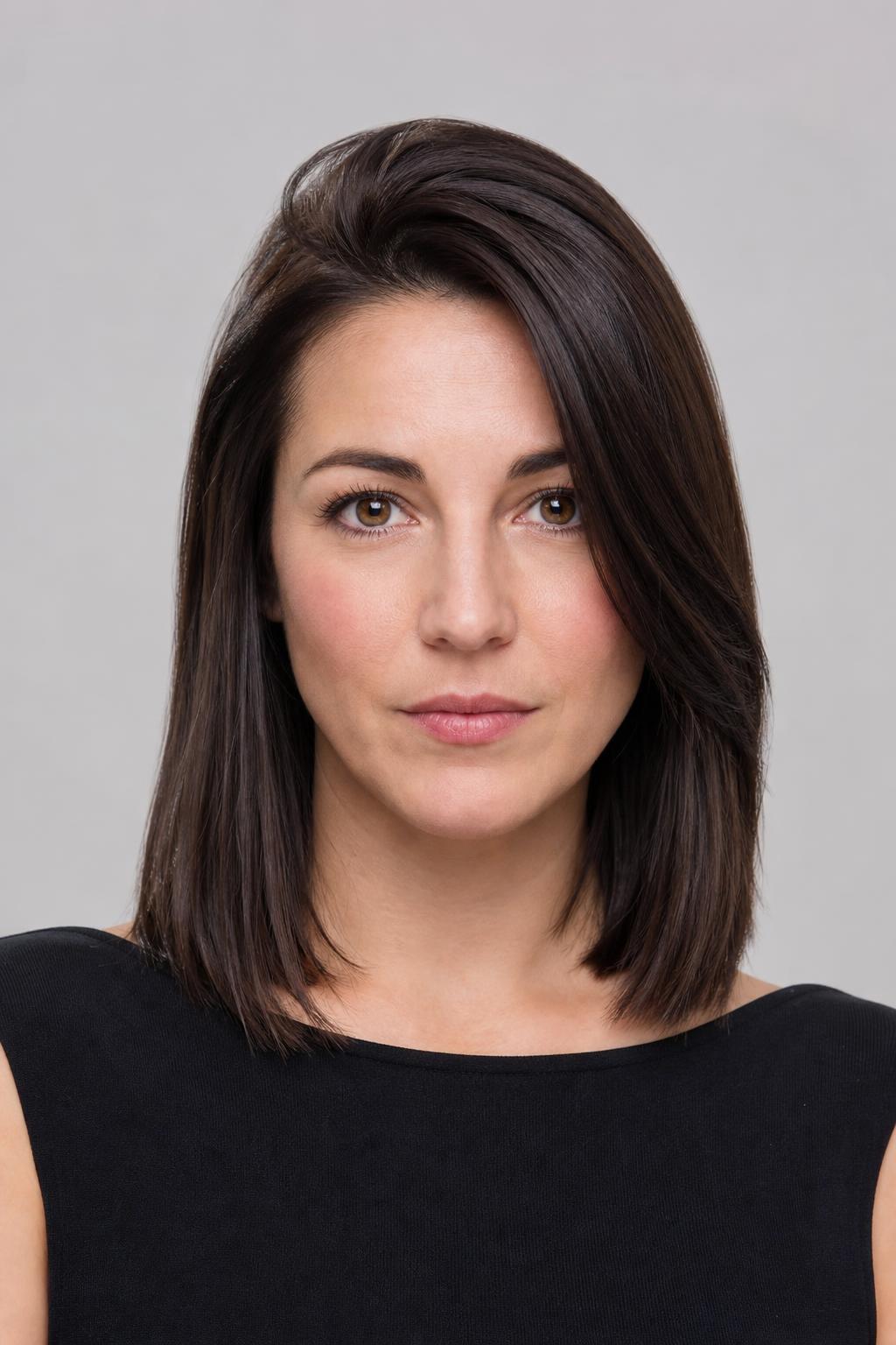 Blunt Midi Cut Styled with a Deep Side Part and Lifted Roots on Fine Dark Hair