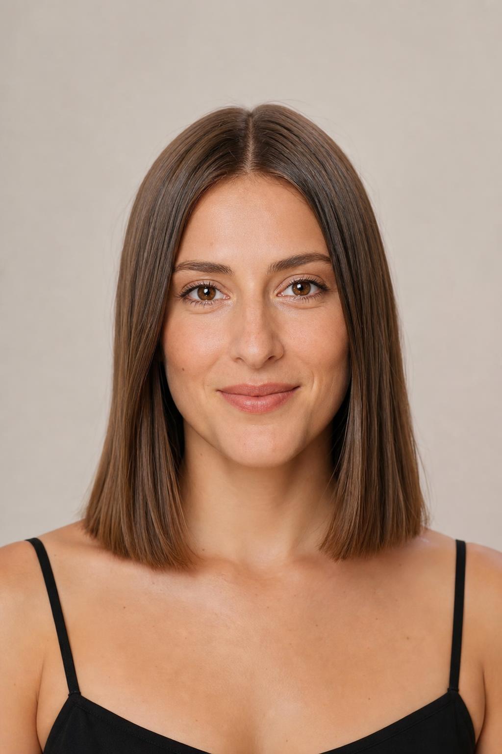 Collarbone-Length Cut with a Blunt Perimeter on Fine Straight Brown Hair