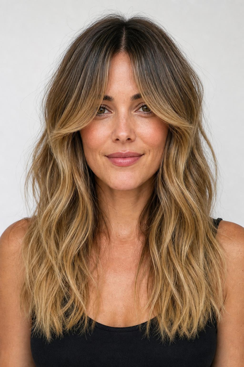 Center-Split Curtain Bangs Angled to Cheekbone Level on Grown-Out Balayage
