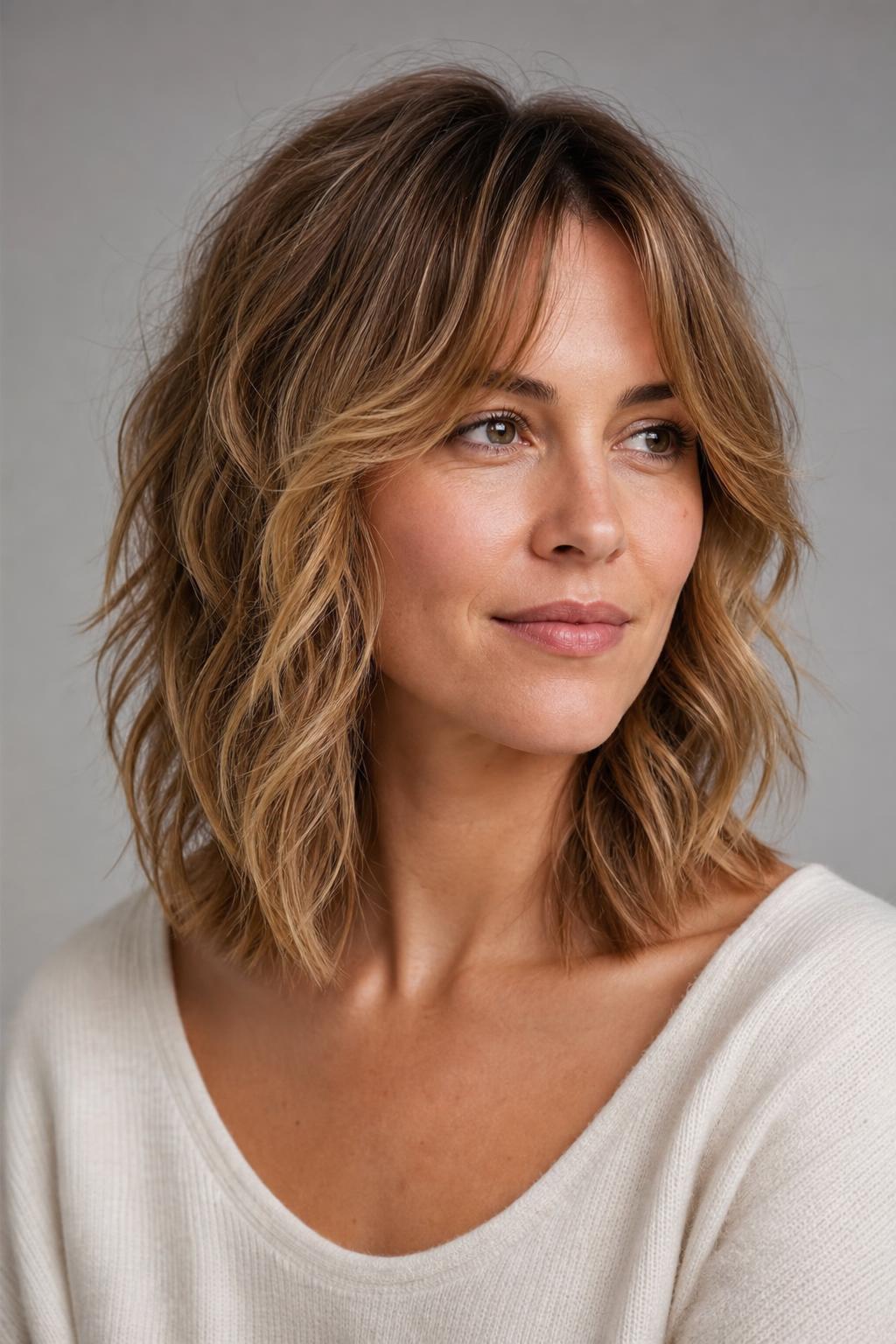 Feathered Midi Shag with Tapered Layer Ends on Medium Wavy Hair