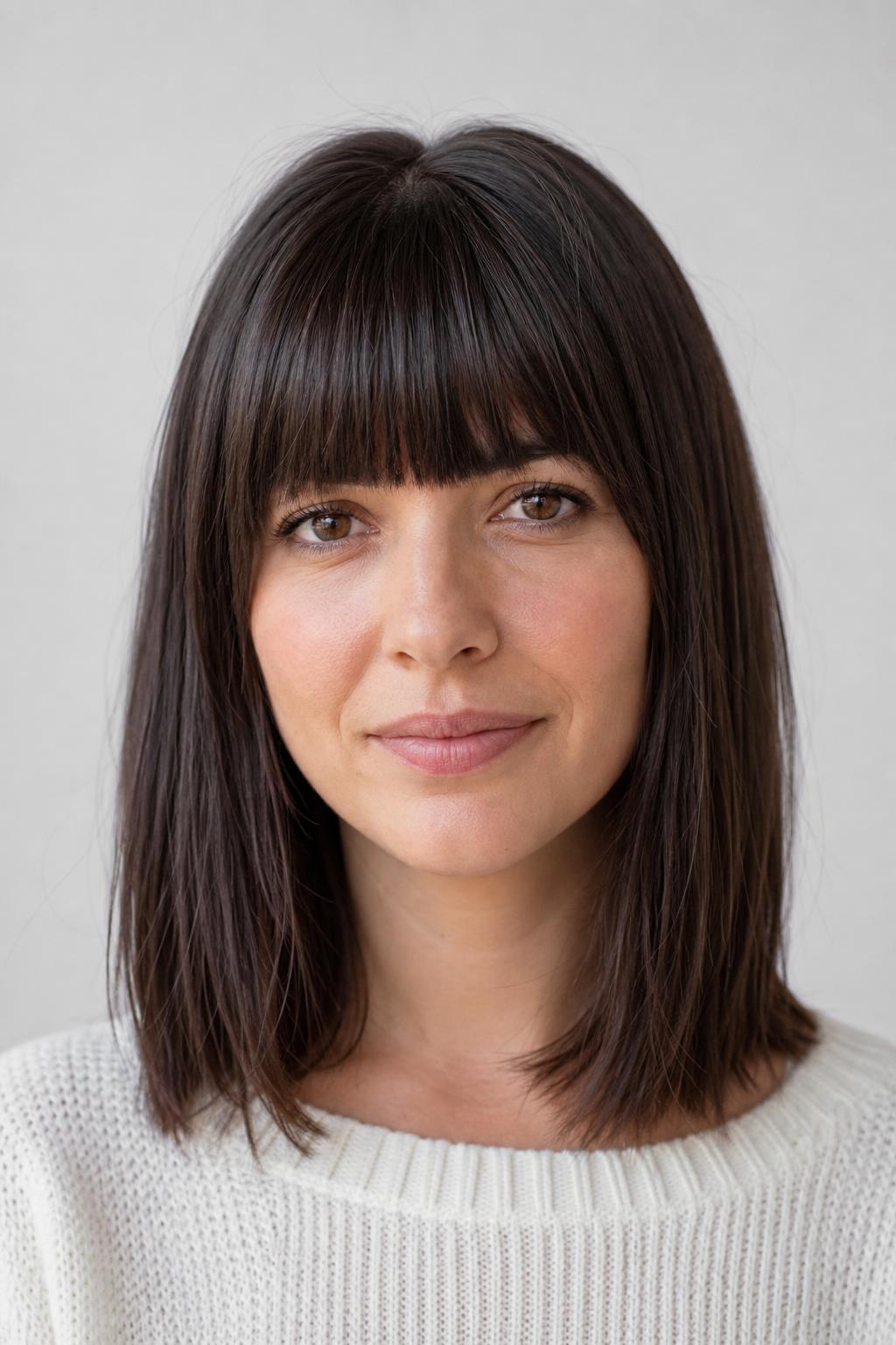 Blunt Brow-Skimming Fringe with Shoulder-Length Hair on Medium Density Brunette Hair