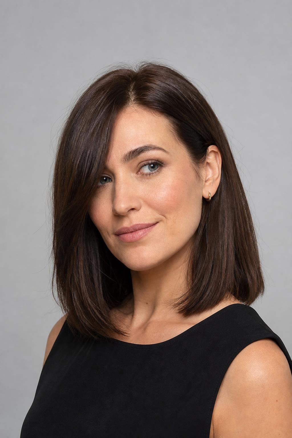 Chin-Length Grown-Out Fringe Tucked Behind One Ear on Straight Dark Hair