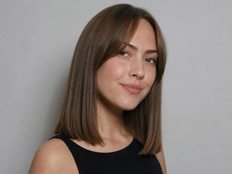 Collarbone-Length Blunt Cut with Soft Curtain Bangs on Fine Brunette Hair