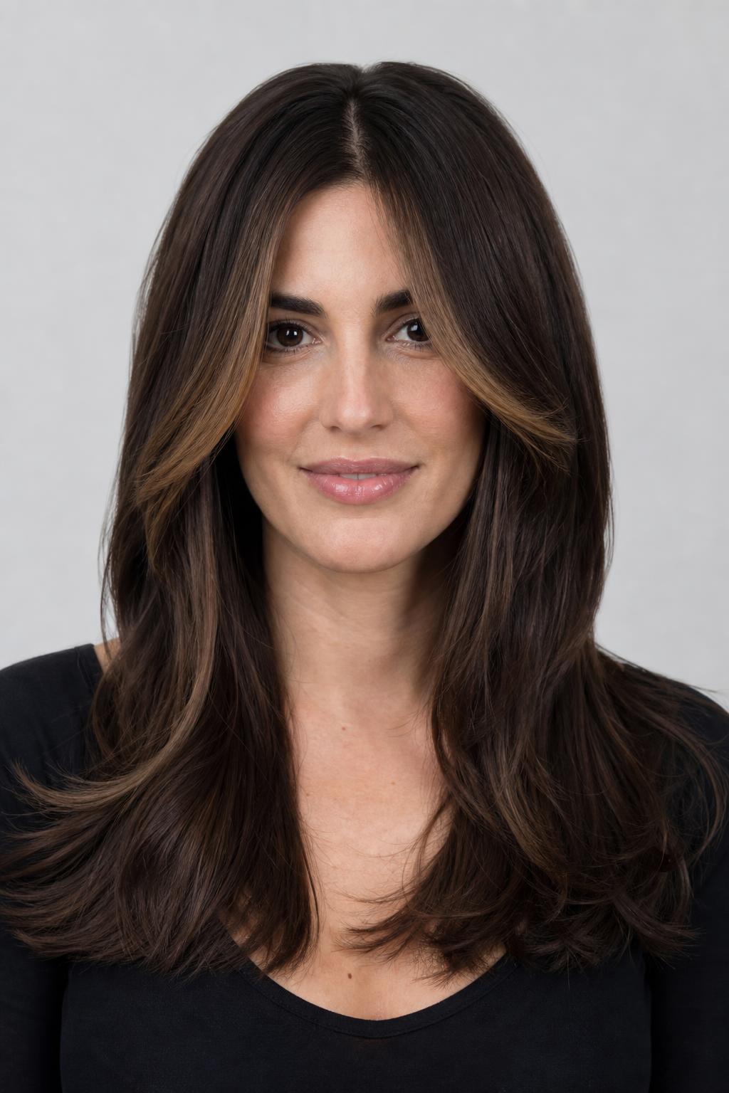 Long Layers with a Rounded Crown and Two Lighter Front Sections on Brunette Hair