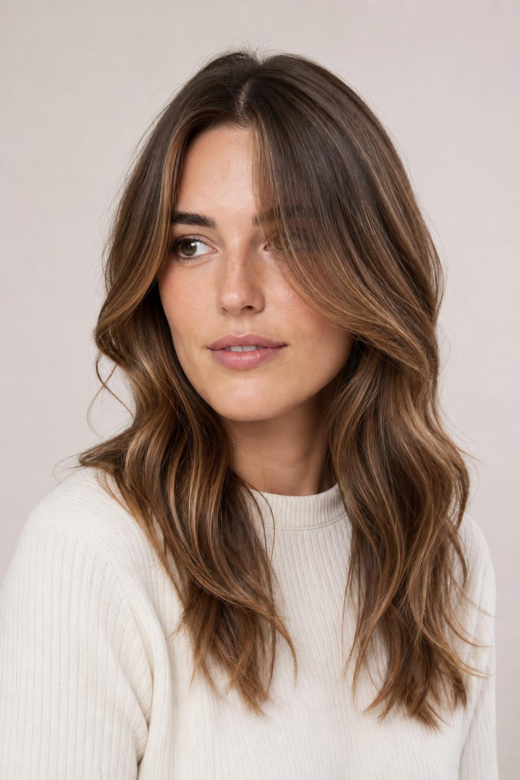 Chin-Level Face-Framing Pieces Blended into Long Length on Medium Wavy Hair