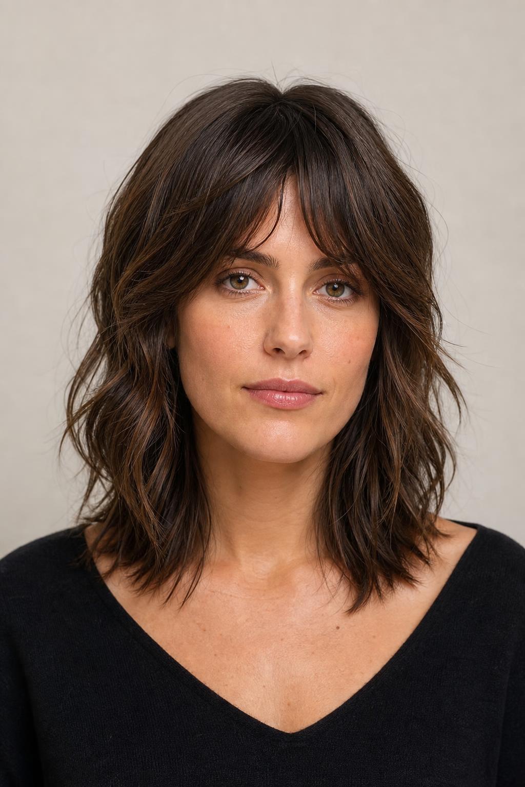 Modern Shag with Short Crown Layers and Longer Ends on Wavy Medium Brown Hair